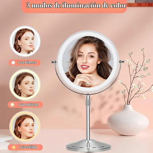 Vista 4 de Espejo de maquillaje iluminado con aumento, 10 x 8 pulgadas, espejo de tocador recargable de doble cara con luces, espejo de maquillaje de aumento