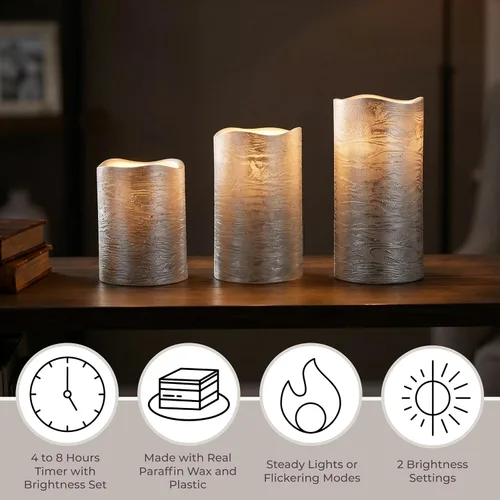 Vista 4 de Lavish Home Juego de 3 velas LED sin llama con control remoto, velas de pilar de cera real con temporizador y acabado metálico envejecido (plateado)