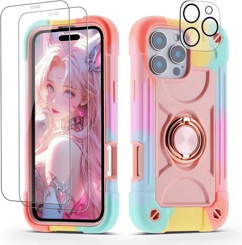 Vista 142 de Funda para iPhone 11 de 6.1 pulgadas con soporte de anillo, con 2 protectores de pantalla de vidrio, resistente a los golpes, resistente a
