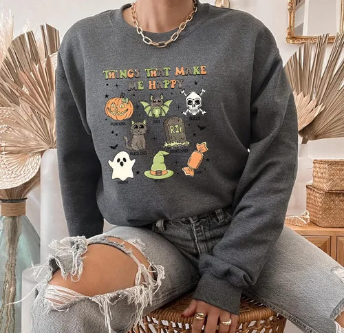 Vista 5 de Halloween Hoodies, Retro Things That Make Me Happy Halloween Sweatshirt, Cute Halloween, Graphic Tee, Cute Spooky, Skull Sweater, Graveyard