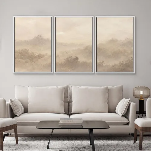 Vista 158 de SIGNWIN Lienzo enmarcado para pared, juego de arte pastel con cadena montañosa, bosque, niebla, naturaleza silvestre, ilustraciones modernas, arte