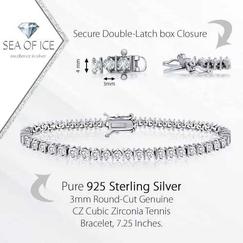 Vista 2 de SEA OF ICE Pulsera de tenis de plata de ley 925 de 0.118in de corte redondo auténtico, tanzanitacirconita cúbica, 7.25-7.5 pulgadas, Gema