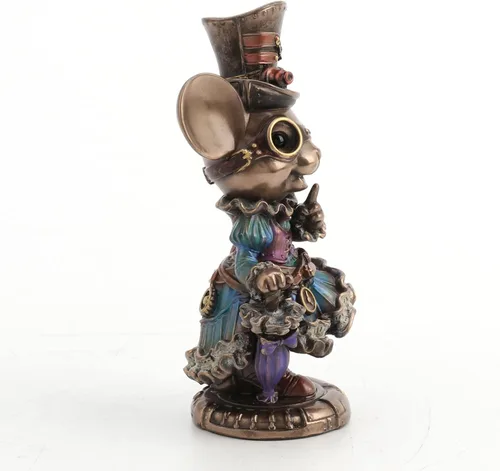 Vista 4 de Veronese Design 5 1/2 Steampunk Lady Mouse con sombrero de copa y sombrilla Animal Figurine Acabado Bronce