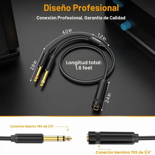 Vista 7 de HOSONGIN - Cable de inserción divisor en Y estéreo de 1/4 TRS a dual de 1/4 TS mono, con conector chapado en oro, blindaje doble y funda de nylon