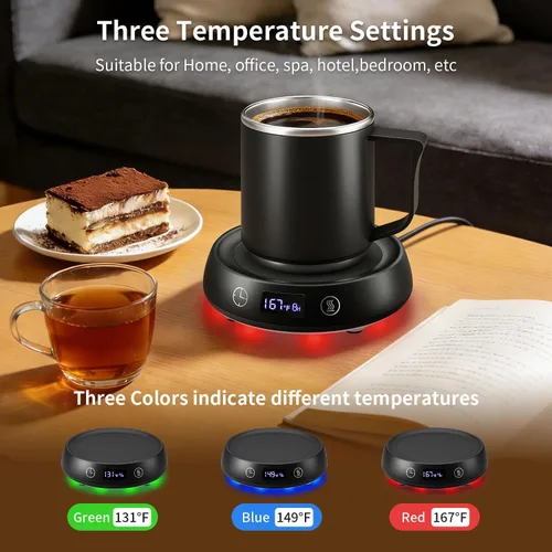 Vista 2 de Juego de calentador de tazas y tazas de café, calentador eléctrico de tazas para escritorio, placa calentadora de velas con temporizador de inicio