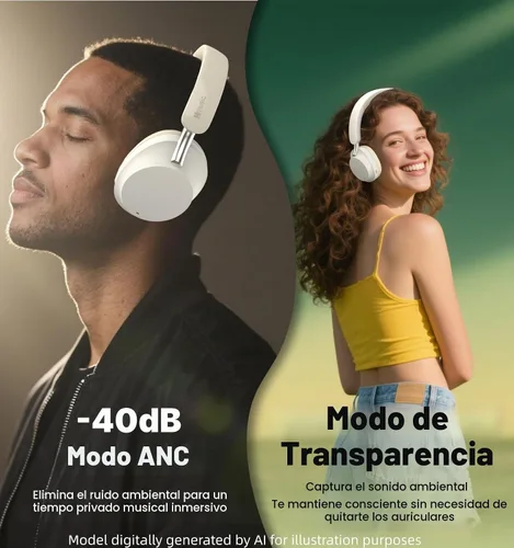 Vista 3 de Hmusic MS04 Auriculares Bluetooth con cancelación activa de ruido sobre la oreja 4-Mic Hybrid -40dB ANC Bluetooth Headset, 2-ENC Mic, 80H
