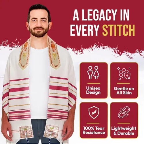 Vista 6 de Holy Land Market Chal Mesiánico Mujer/Tallit - El Mesías Tallit Rosa/Oro, Rosado