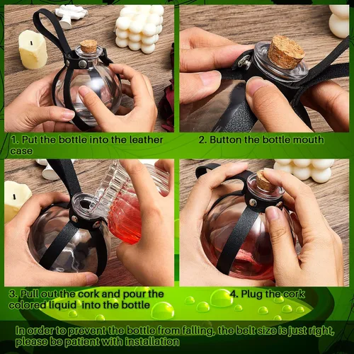 Vista 6 de Patelai 2 botellas de poción de vidrio de Halloween con cinturón, corcho, accesorios de disfraz de bruja renacentista, botella de poción