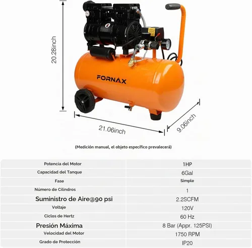 Vista 3 de FORNAX Compresor de aire portátil de 6.4 galones, 1 HP 2.2CFM@ 90 PSI compresor de aire libre de aceite, presión máxima 125 PSI, compresor