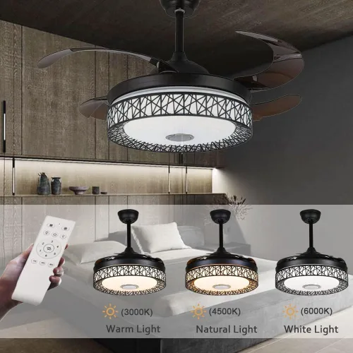 Vista 3 de Lámpara de techo moderna de 42 pulgadas con control remoto, ventilador de techo retráctil con altavoz Bluetooth, iluminación de 3
