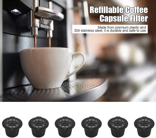 Vista 2 de Cápsulas de café reutilizables recargables de plástico negro, acero inoxidable 304, 6 unidades de plástico y acero inoxidable rellenables, cápsulas