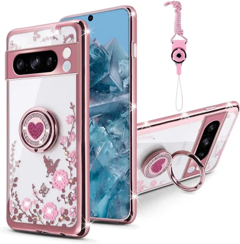 Vista 60 de Funda compatible con Google Pixel 6 Pro para mujer, con purpurina, suave, elegante, transparente, TPU de lujo, bonita funda protectora con correa