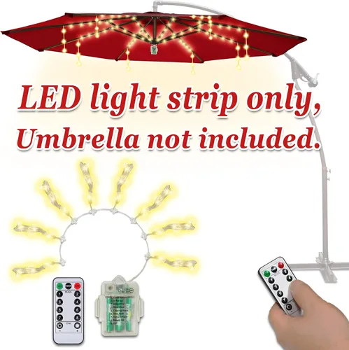 Vista 7 de Luces para sombrilla de patio, 8 modos de iluminación, 104 luces LED con control remoto, funciona con pilas, para restaurante, cafetería, jardín, al