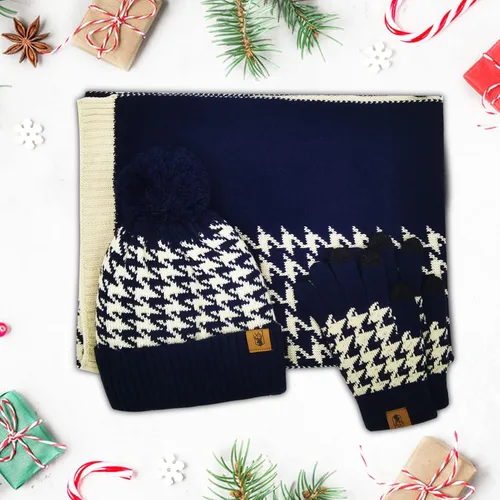 Vista 5 de Conjunto de gorro de invierno cálido para mujer, bufanda larga, guantes para pantalla táctil, clásico a cuadros, de punto calavera, bufandas