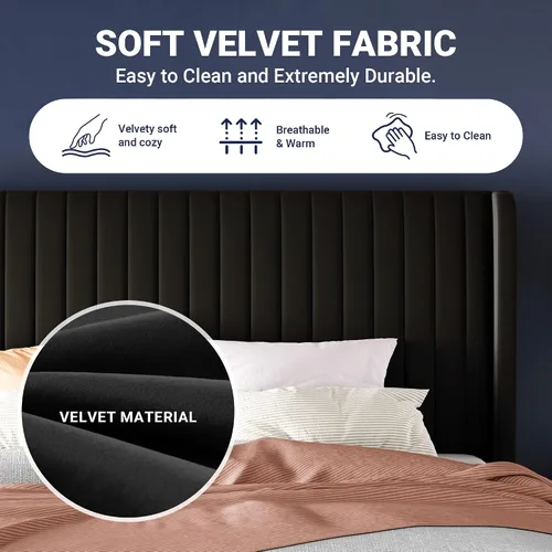 Vista 6 de Allewie - Base de cama tamaño Full con cabecera tapizada en terciopelo y diseño acanalado vertical; plataforma de cama tapizada; listones de madera