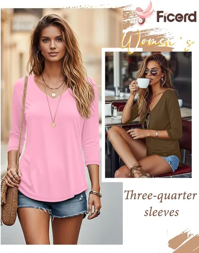 Vista 3 de Ficerd Paquete de 3 camisetas de manga 3/4 para mujer, cuello en V, blusas holgadas, blusas casuales, ropa de moda 2026
