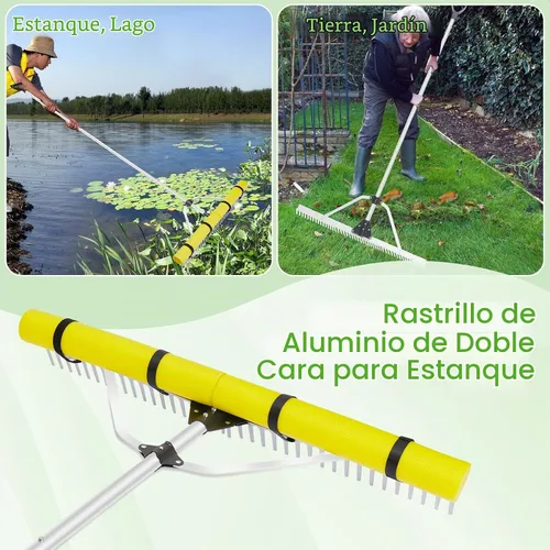 Vista 4 de Rastrillo acuático de malezas para estanque, rastrillo flotante desmontable, rastrillo de aluminio para estanque al aire libre con cuerda