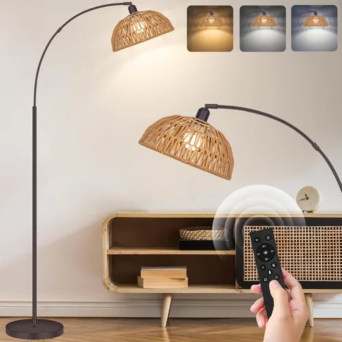 Vista 8 de Brilvibera - Lámparas de pie modernas negras con control remoto Stepless Dimmable Bulb, Hand-Worked Adjustable Rattan Lamp Shades Bohemian Floor