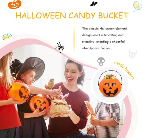 Vista 2 de Cubo de calabaza naranja de 6.7 pulgadas de plástico para dulces con asa para niños truco o trato fiesta de Halloween