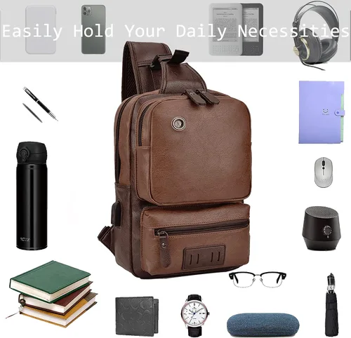 Vista 6 de AONETIGER Small Sling Crossbody Backpack Shoulder Bag Vintage PU Leather Daypack Rucksack with USB Charger bag for Men