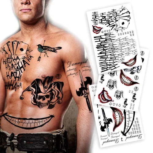 Vista 6 de Paquete de 3 tatuajes temporales grandes para cosplay, 8.2 x 11.6 pulgadas, tatuajes falsos con temática de payaso para hombres, mujeres y niños