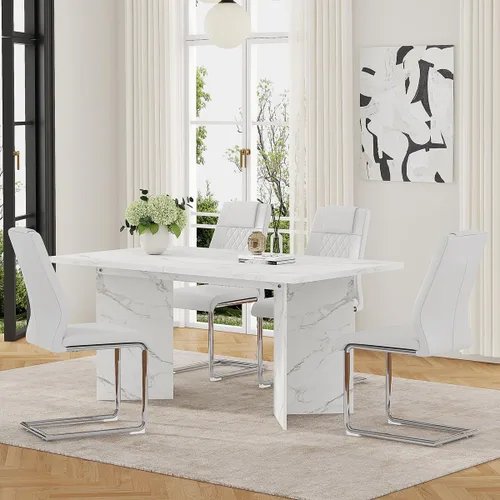 Vista 15 de Juego de mesa de comedor extensible de 63 a 79 pulgadas para 4, juego de mesa de cocina de mármol sintético blanco para 4, juego de mesa de comedor