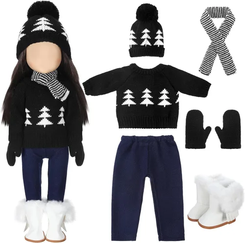 Vista 9 de Bencailor 6 piezas de ropa y accesorios de Navidad para muñeca de 18 pulgadas, conjunto de ropa de invierno con suéteres, pantalones, sombreros Negro
