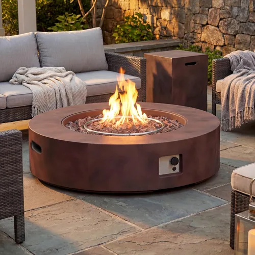 Vista 32 de COSIEST mesa cuadrada de propano para exteriores de arenisca con protector contra el viento, certificada, quemador de acero inoxidable de 50,000
