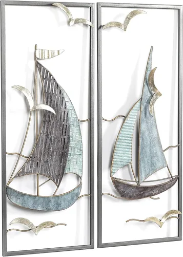 Vista 7 de DECO DE VILLE Diseño moderno contemporáneo estilo náutico barco tema metal pared escultura marina decoración, velero-G