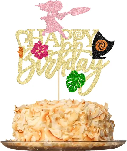 Vista 16 de Gyufise 1 pieza de decoración para pastel de cumpleaños Moana con purpurina de hoja de palma, flor de moana para pastel tropical hawaiano Luau, baby