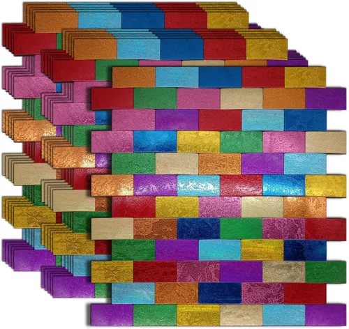 Vista 9 de XUANINY Azulejos contra salpicaduras para despegar y pegar, con superficie de aluminio triangular arcoíris, calcomanía de mosaico de metal