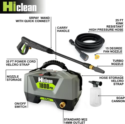 Vista 3 de Lavadora a presión eléctrica Hiclean 1800 PSI - Lavadora de potencia portátil para detalle de automóviles, patios, vallas y limpieza al aire libre