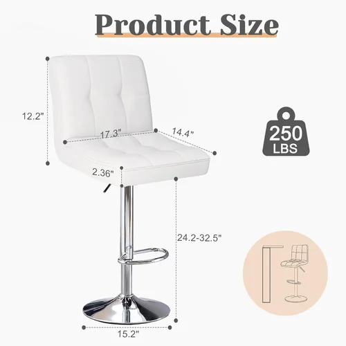 Vista 3 de Sweetcrispy Juego de 2 taburetes de bar de piel sintética ajustables sin brazos, taburetes de bar giratorios hidráulicos para encimera de cocina