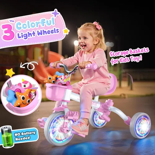 Vista 5 de Kkdi Bicicleta 5 en 1 para niños de 1 a 3 años, triciclo rosa con mango