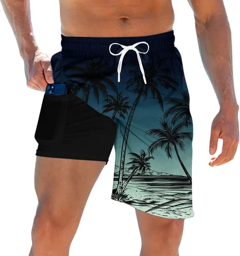 Vista 8 de Trajes de baño para hombre con forro de compresión 2 en 1 Shorts de tabla de 9 pulgadas de secado rápido con bolsillos Blanco
