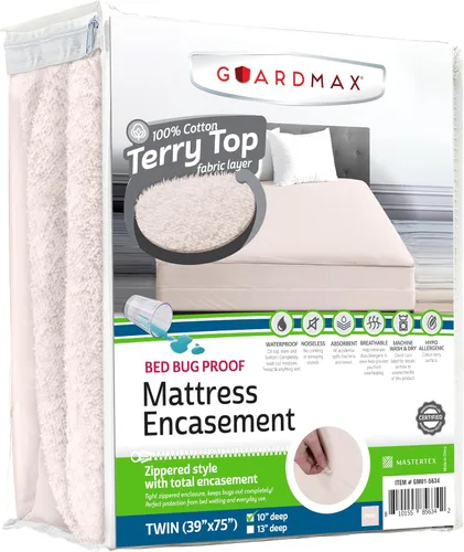 Vista 97 de Guardmax Funda de colchón individual con cremallera, protector de colchón 100% impermeable, suave y absorbente de algodón de rizo superior