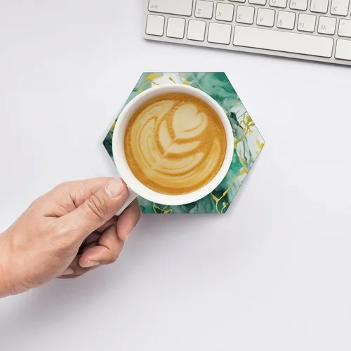 Vista 6 de Abstract Green and Gold Marble Ceramic Coaster Set of 4
