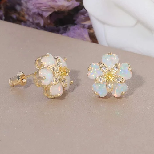Vista 3 de CiNily Aretes tipo dormilona de ópalo con flores para mujer, chapados en rodio, hipoalergénicos, grandes piedras preciosas de 1932 pulgadas