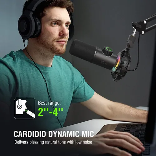 Vista 6 de FIFINE - Micrófono USB para juegos, micrófono dinámico RGB con conector de toque para silenciar y auriculares, micrófono cardioide Plug & Play