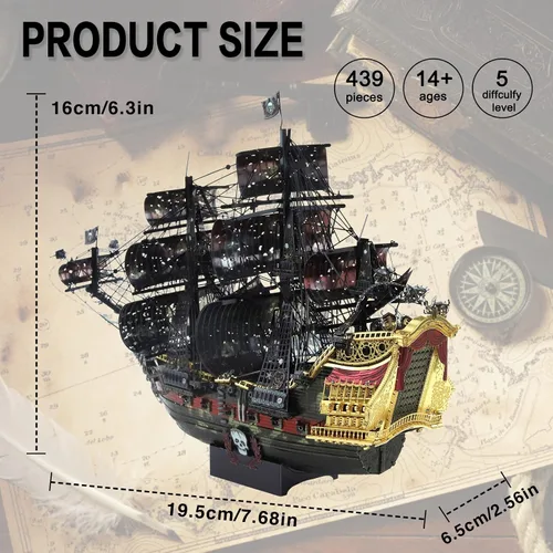Vista 6 de Piececool - Rompecabezas de metal 3D para adultos, kits de construcción de modelos de barco pirata de La Reina Ana la Venganza, kit de construcción