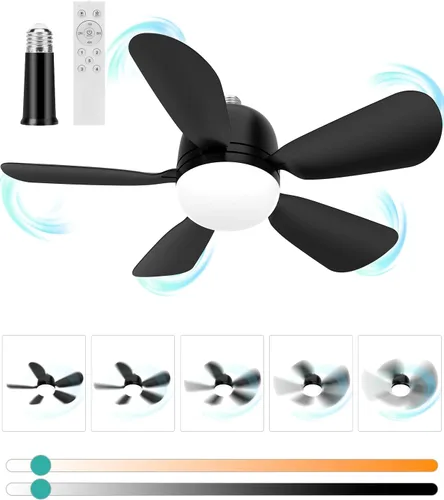 Vista 9 de HK Ventilador de techo pequeño con luz y control remoto, rosca de 20 pulgadas para base E26/E27, mini regulable de 5 velocidades para dormitorio