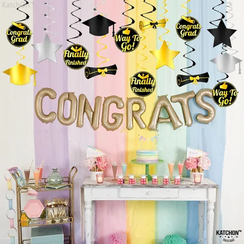 Vista 8 de KatchOn, Decoraciones colgantes de graduación – Paquete de 30 Decoraciones de techo de graduación Decoraciones de graduación negras y doradas