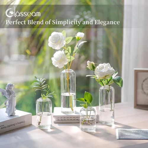 Vista 2 de Florero de cristal Glasseam para centros de mesa: 12 piezas pequeño florero a granel For Single Rose, Stem, Modern Minimalis, Clear Table