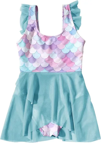 Vista 5 de Traje de baño de una pieza para niñas, con mangas con volantes, de sirena, vestido de tul