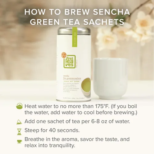 Vista 4 de Bolsas de té verde Sencha (25 paquetes), bolsas de té verde japonés orgánico (25 bolsas), auténtico té sencha japonés de First Leaves, 3.53 onzas