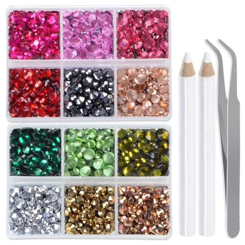 Vista 13 de LPBeads 6400 unidades de diamantes termoadhesivos de 12 colores con parte trasera plana, 5 tamaños mixtos, gemas de cristal redondas con pinzas