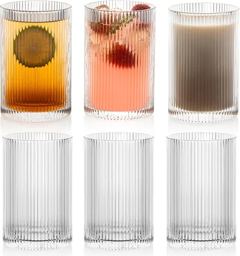 Vista 8 de Juego de cristalería acanalada vintage: 4 vasos XL de 16.9 onzas, vasos ondulados acanalados, estilo origami, cristalería elegante para whisky