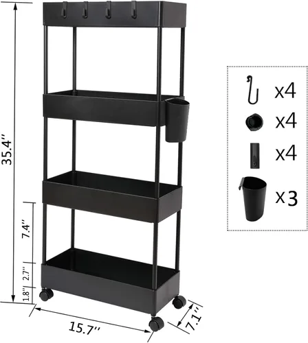 Vista 2 de Carrito de cocina delgado de 4 niveles, organizador de baño para lugares estrechos, estante de almacenamiento multiusos, carrito móvil