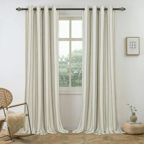 Vista 20 de DriftAway Cortinas opacas de mezcla de lino de granja de 90 pulgadas de largo para dormitorio, cortinas de lino con estampado de rayas verticales