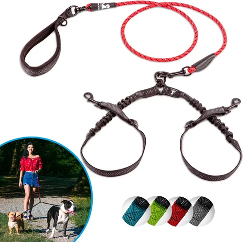 Vista 17 de Correa doble premium para dos perros, absorción de golpes, antitirón, doble correa para razas medianas y grandes con accesorio de correa doble